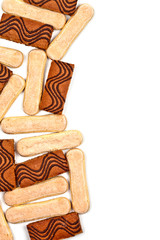 Savoiardi cookies and cake bars with dark chocolate isolated on white background.