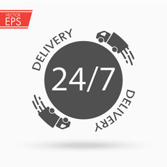 Delivery service icon. Transport illustration. Shipping symbol. Transportation cargo emblem. Deliver sign. Express post sticker. Moving auto concept. Speed deliver vector image.