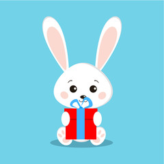 Isolated cute and sweet white bunny rabbits in sitting pose with gift in its paw on blue background in cartoon flat style. Vector funny character illustration.