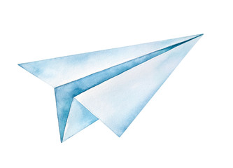 Handmade folded paper plane watercolor drawing. One single object, side view. Handdrawn water color graphic painting on white backdrop, cutout clipart element for creative design, print, decoration.