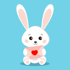 Isolated sweet cute white bunny rabbit in sitting pose with pink letter with red heart in its paws on blue background in flat cartoon style. Vector funny character illustration.