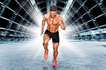 Muscular Men in Running Motion. Handsome Male Athlete Sprinting