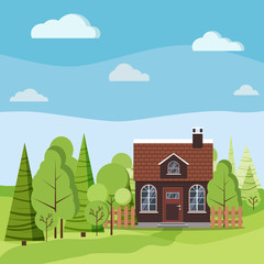 Naklejka premium Summer or spring landscape nature scene with country house with a tiled roof and chimney, fences, road, green trees, spruces clouds in flat cartoon style. Summer vector background illustration.