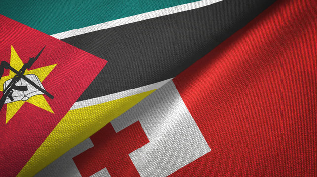 Mozambique and Tonga two flags textile cloth, fabric texture