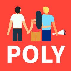 Flat illustration of partners polyamorous love. Open romantic and sexual relationships. Relationship loving people. Polyamory Colorful background.