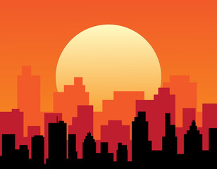 City view with urban elements. Evening cityscape vector illustration. Sunset landscape concept. City at sunset in a flat style. City landscape at twilight. Sunset background. City skyline at sunset.