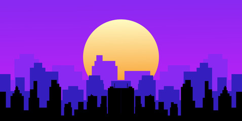 City view with urban elements. Evening cityscape vector illustration. Sunset landscape concept. City at sunset in a flat style. City landscape at twilight. Sunset background. City skyline at sunset.