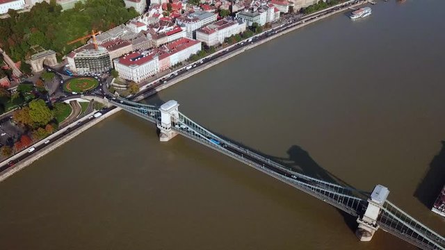 Aerial footage of Budapest, Hungary over the Danube river on a summer's day.