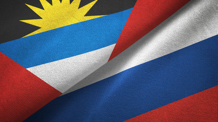 Antigua and Barbuda and Russia two flags textile cloth, fabric texture