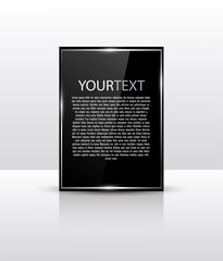 Shiny black text box. Glass plate. Realistic glass banner with shiny lights for infographics, business design, step presentation, progress design, number options or workflow layout. Clean and modern.