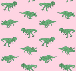 Obraz premium Vector seamless pattern of green hand drawn doodle sketch triceratops and tyrannosaur dinosaur isolated on pastel pink background 