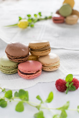 Macarons on white background and rustic wooden table