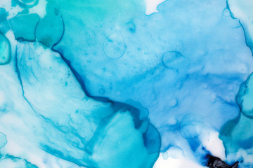 Abstract watercolor gradient background in blue color. Beautiful inspirational backdrop for creative design, wallpaper, banner, card, poster, invitation. Hand drawn watercolour ink drawing on white.