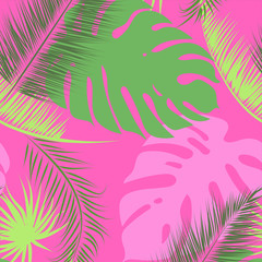 Fototapeta na wymiar Tropical leaves seamless pattern. Summer palm jangle background.