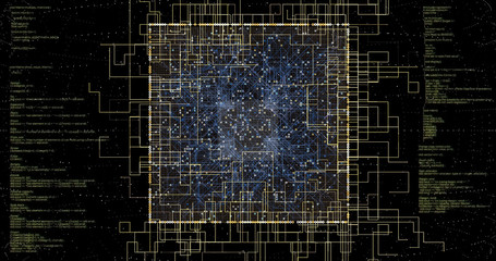 An image of lines and geometric elements and particles. Visualization and illustration of a 3d futuristic microchip with a program data code