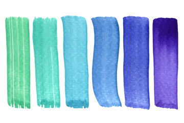 Fototapeta premium Vector hand drawn watercolor brush stains set. Colorful painted vertical strokes collection. Blue color hand drawn stripes for background.