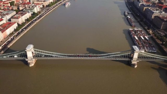 Aerial footage of Budapest, Hungary over the Danube river on a summer's day.