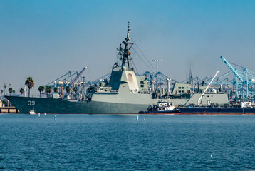 The HMAS Hobart (DDG 39),  at the Port of Los Angeles, is the lead ship of the Hobart-class air...
