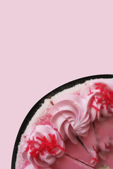 Delicious and sweet pink cake for Valentine or birthday. Home baking concept ready to eat, isolated on pink background