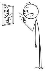 Vector cartoon stick figure drawing conceptual illustration of frustrated man who is looking at mirror and just found big pimple that erupted on his face skin.