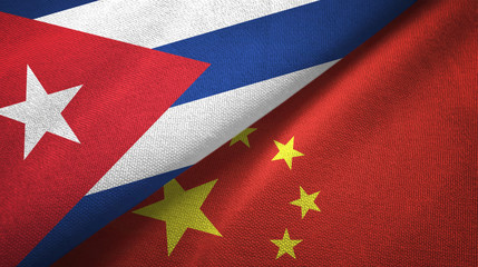 Cuba and China two flags textile cloth, fabric texture