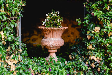 Ancient carved stone vase in a European garden with flowers.