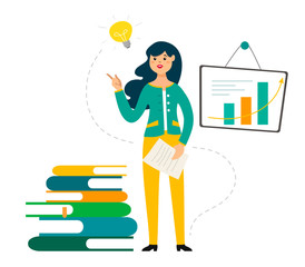 Vector illustration of a woman and an idea. The business woman on the chart came up with an idea for success. Vector symbol of success and growth with a character on a white background. Business plan