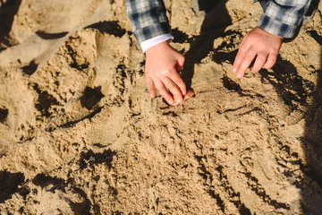 Hands of a family playing with the sand on the beach.