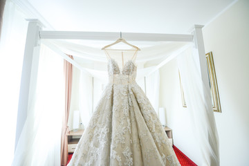 Beautiful bride's wedding dress. Preparing for wedding