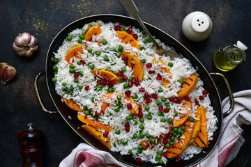 Rice with grilled butternut squash. Top view with copy space.