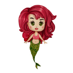Beautiful hand drawn watercolor little baby mermaid with red hair, big eyes and green tail. Magic fairytale creature isolated at white background