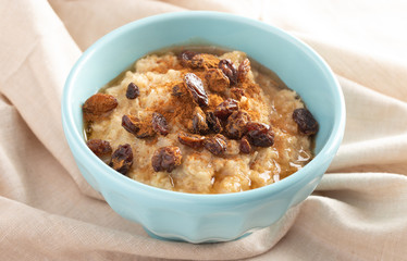 Cinnamon Raisin Oatmeal on a Burlap Cloth