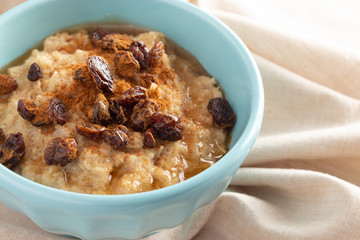 Cinnamon Raisin Oatmeal on a Burlap Cloth