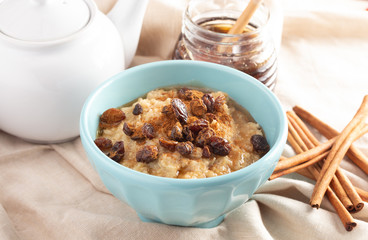 Cinnamon Raisin Oatmeal on a Burlap Cloth
