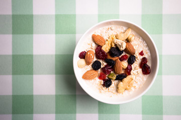 Healthy breakfast fresh granola muesli with milk and nuts