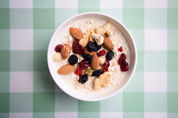 Healthy breakfast fresh granola muesli with milk and nuts