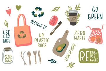 Hand drawn elements of zero waste life in vector