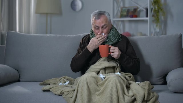 Ill pensioner sneezing and drinking hot beverage, treating influenza, flu season