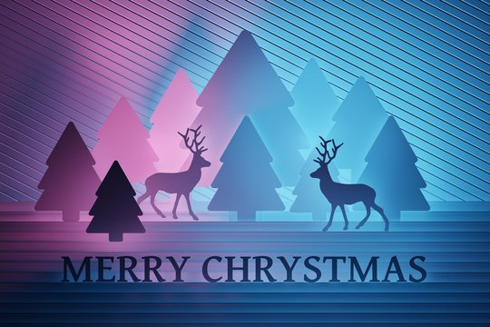 Colorful Chrsitmas scene with reindeers and text Merry Christmas