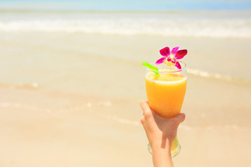 flower beach, sand, mango, island, Thailand, banana shake, shore, tropical fruit, top view, glass, shake, juice, orange, plumeria, female hand