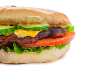 juicy delicious cheeseburger with a big chop, isolate, close-up, copy space