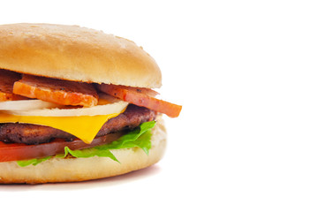juicy appetizing cheeseburger with a big chop and bacon, isolate, close-up, copy space