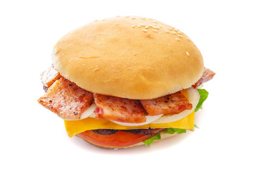 juicy appetizing cheeseburger with a big chop and bacon, isolate, close-up