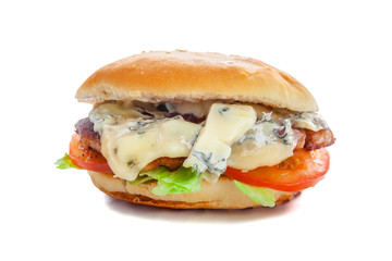 juicy appetizing burger with blue cheese, isolate, close-up