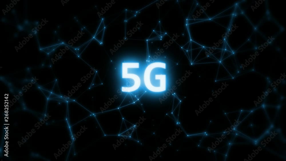 Poster 3d rendering of 4k 5g network nodes with connected blue glowing dots and lines moving smoothly on da
