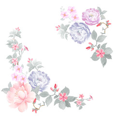 Fototapeta na wymiar Watercolor illustration of a bouquet with a purple and delicate pink rose, leaves and bud, greeting card 