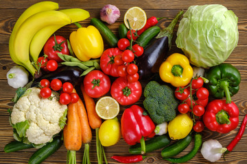 Vegetables and fruits on a wooden table