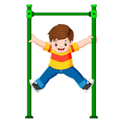 The boy is holding the monkey bar with his hands