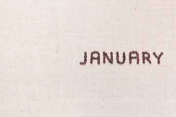 The word January written with coffee beans shot from above, aligned to the right.