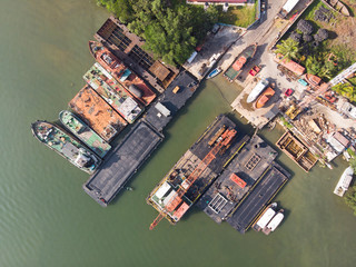 Aerial view of boats,ships, vessel parked at the harbor